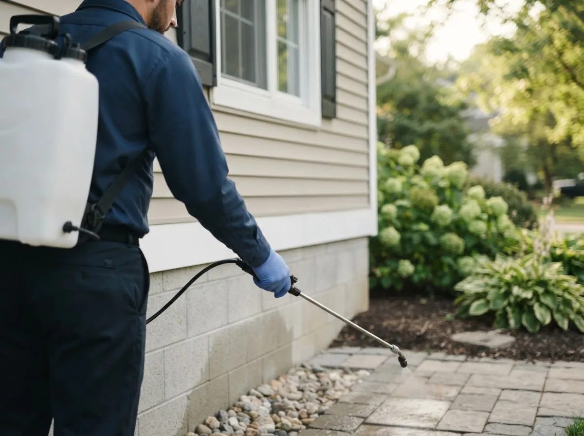 Pest control technician inspecting a home in Brentwood, NY